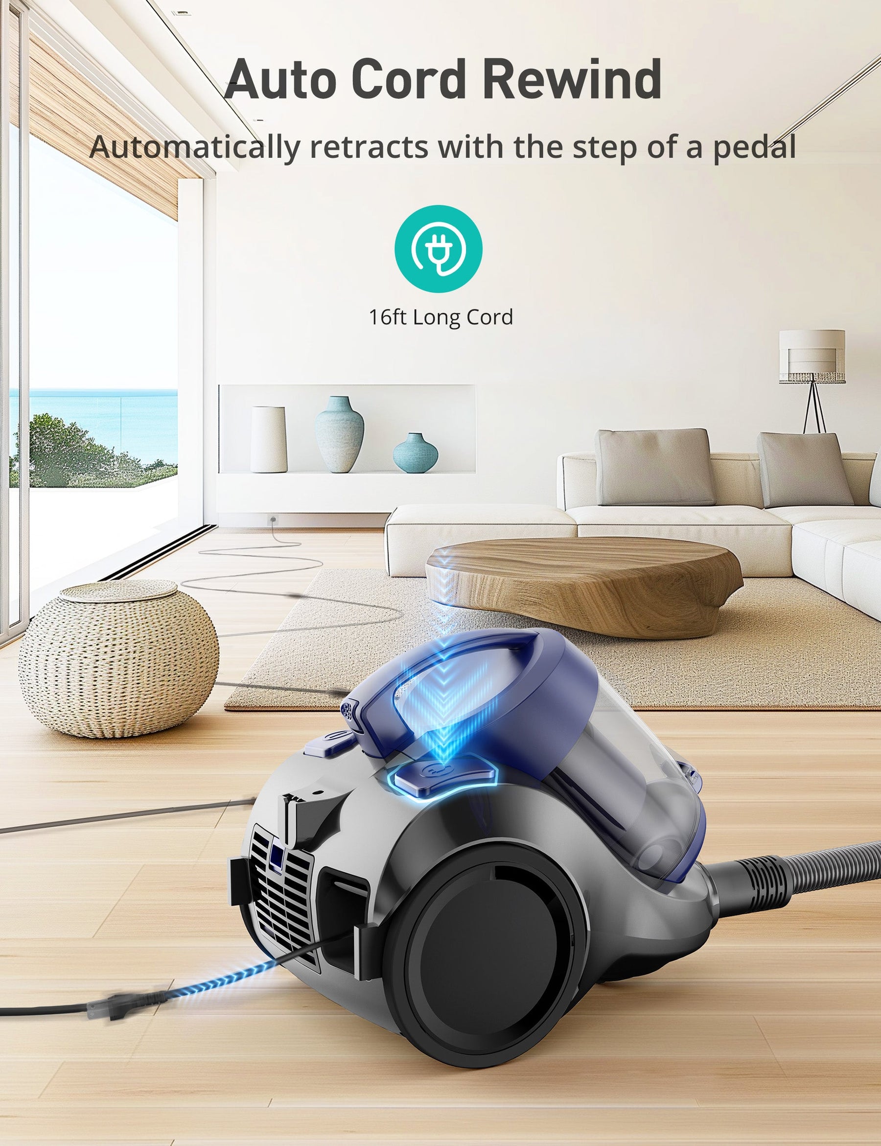 Auto cord rewind automatically retracts with the step of a pedal