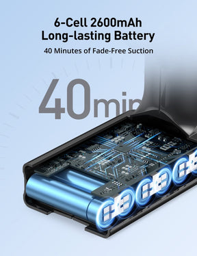 6-cell 2600mah long-lasting battery 40 minutes of fade-free suction,40 minutes